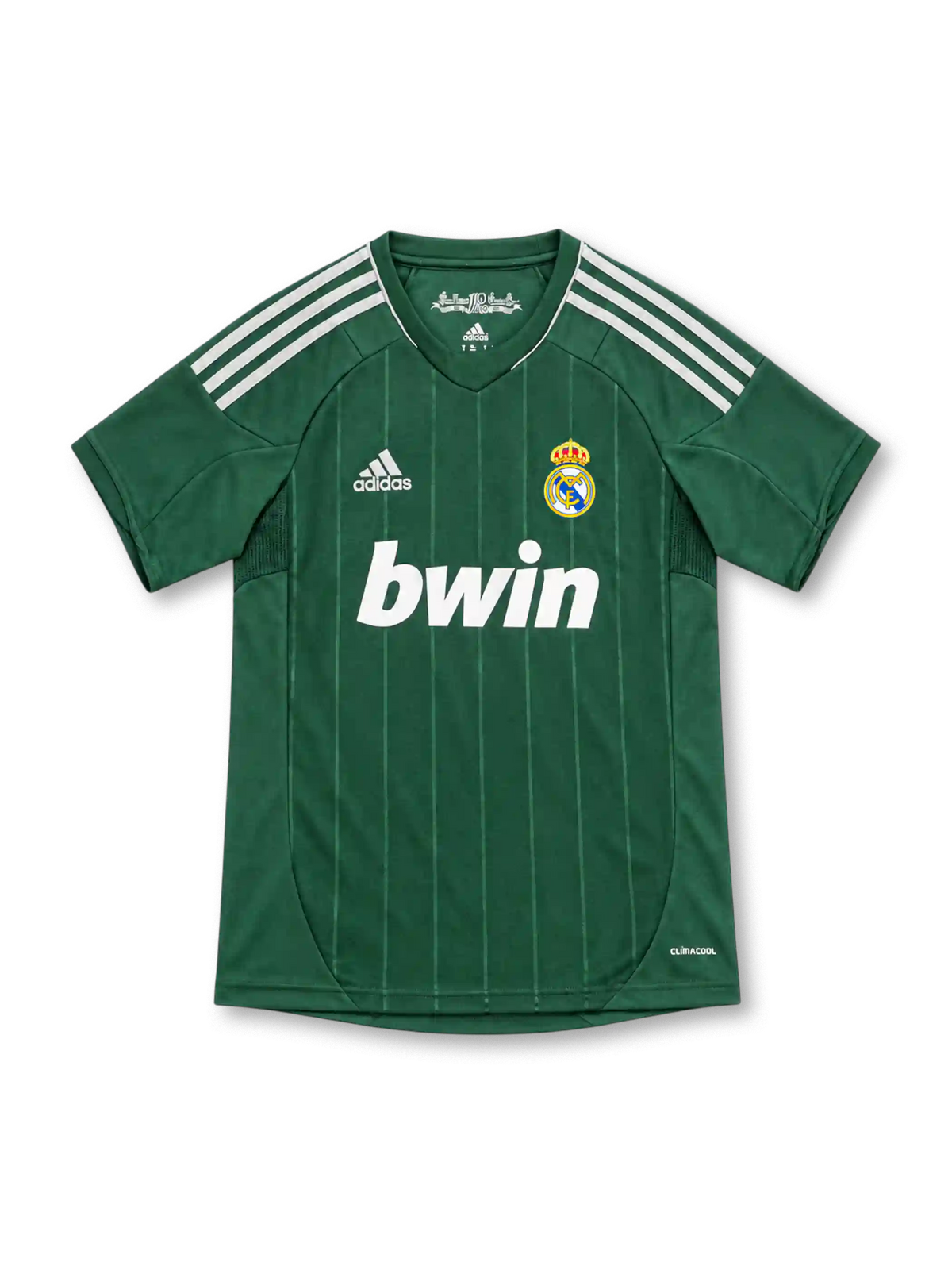 Real Madrid 2012/13 green adidas third jersey featuring subtle vertical pinstripes, white shoulder stripes, white adidas logo, full-color crowned club crest, white bwin sponsor and ClimaCool branding.