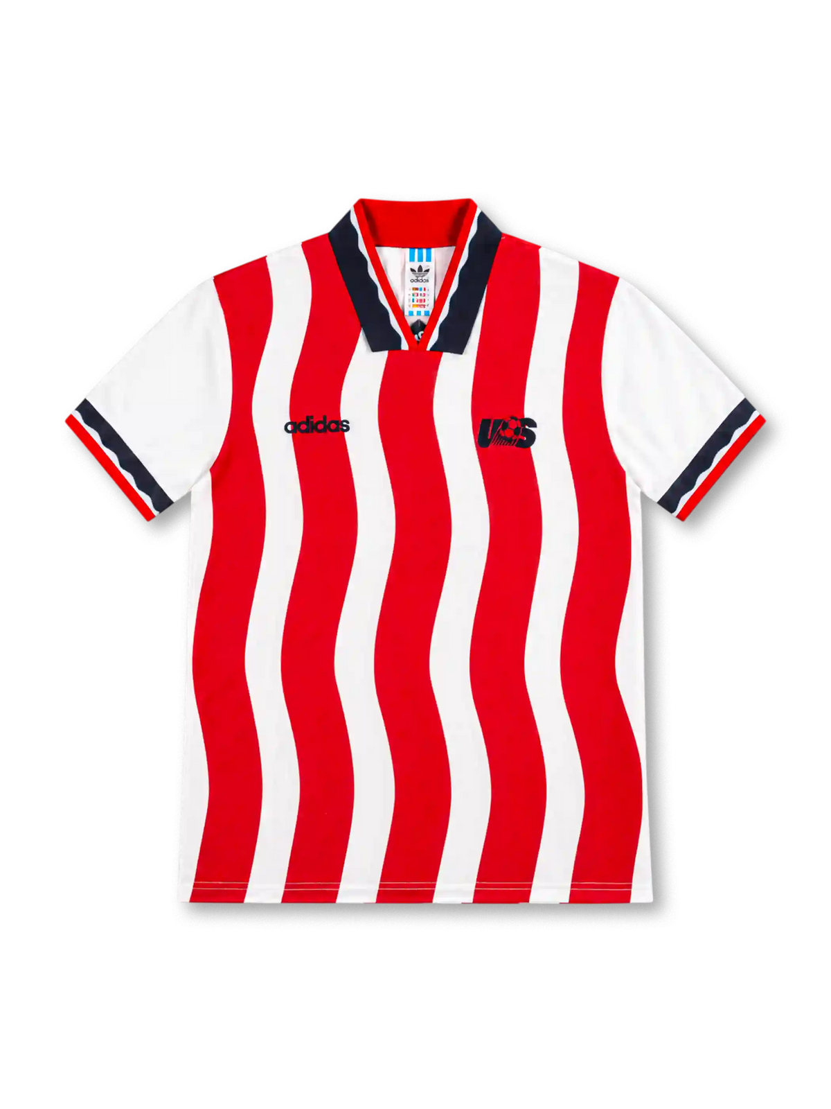 United States 1994 adidas home jersey with red and white wavy vertical stripes, white short sleeves, navy and red polo collar, contrasting sleeve cuffs, dark navy adidas lettering and stylized USA chest emblem.