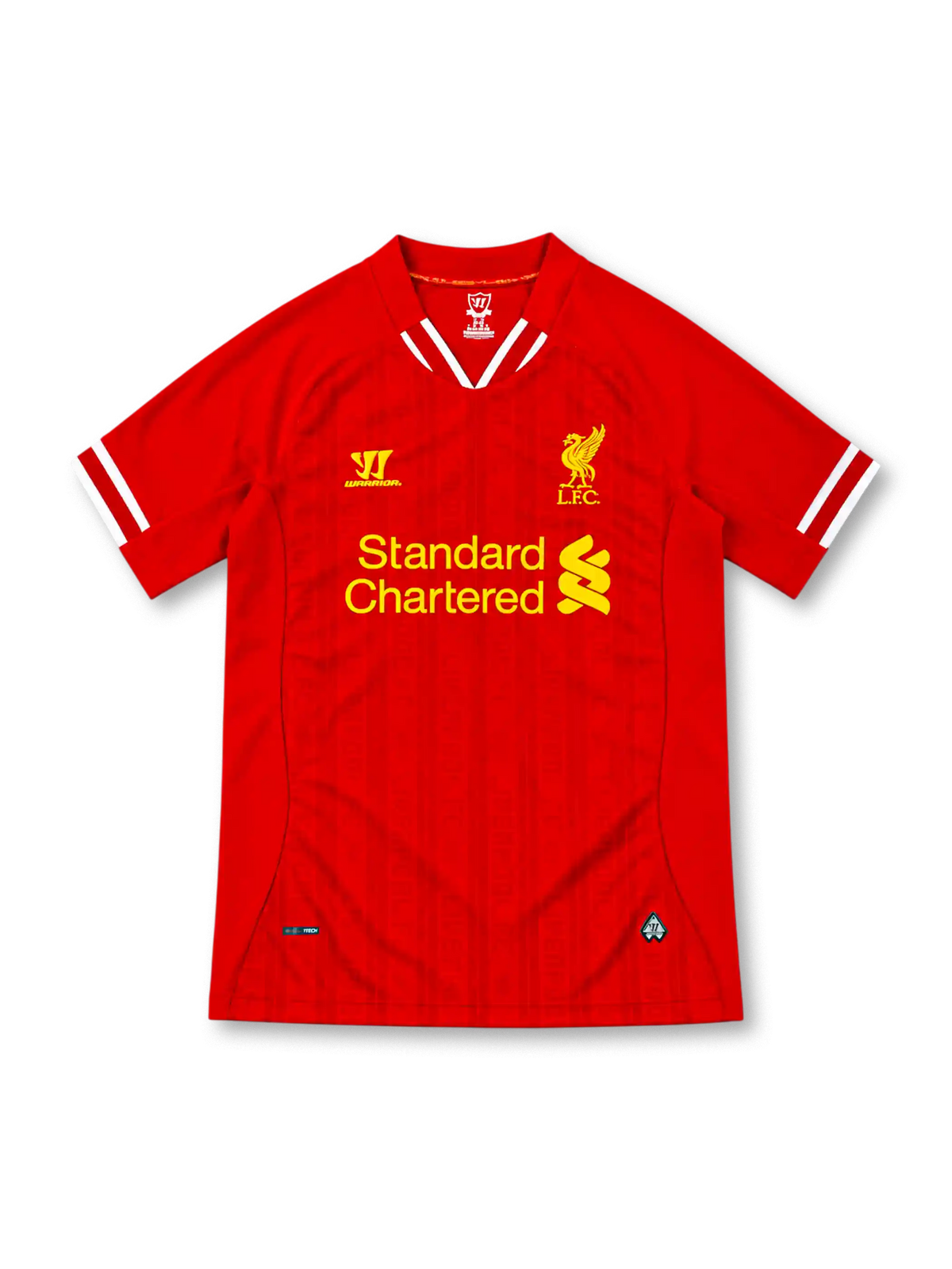 Liverpool 2013/14 red Warrior home jersey featuring subtle tonal pinstripes, white-trimmed V-shaped collar and sleeve cuffs, yellow Warrior logo, yellow Liver Bird crest and Standard Chartered sponsor.