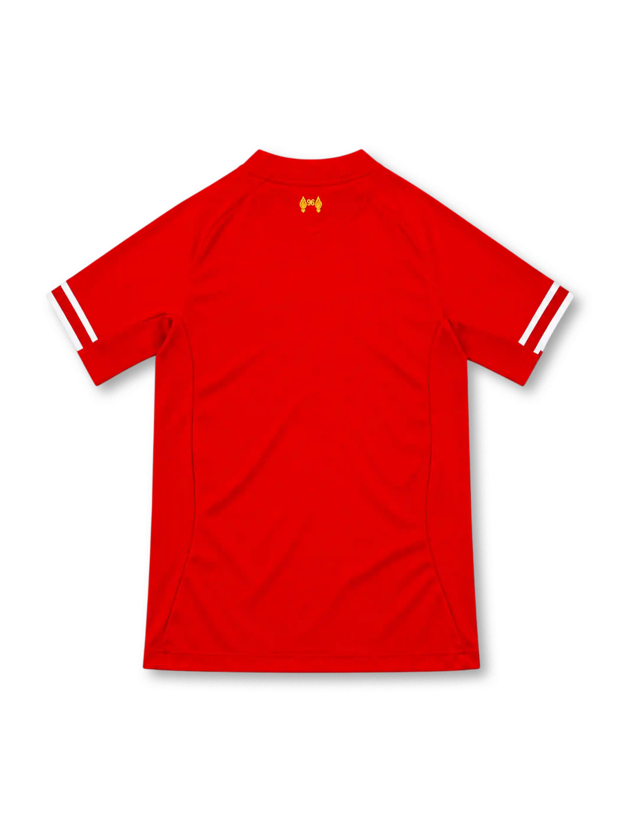 Liverpool 2013/14 red Warrior home jersey featuring subtle tonal pinstripes, white-trimmed V-shaped collar and sleeve cuffs, yellow Warrior logo, yellow Liver Bird crest and Standard Chartered sponsor.