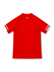 Liverpool 2013/14 red Warrior home jersey featuring subtle tonal pinstripes, white-trimmed V-shaped collar and sleeve cuffs, yellow Warrior logo, yellow Liver Bird crest and Standard Chartered sponsor.