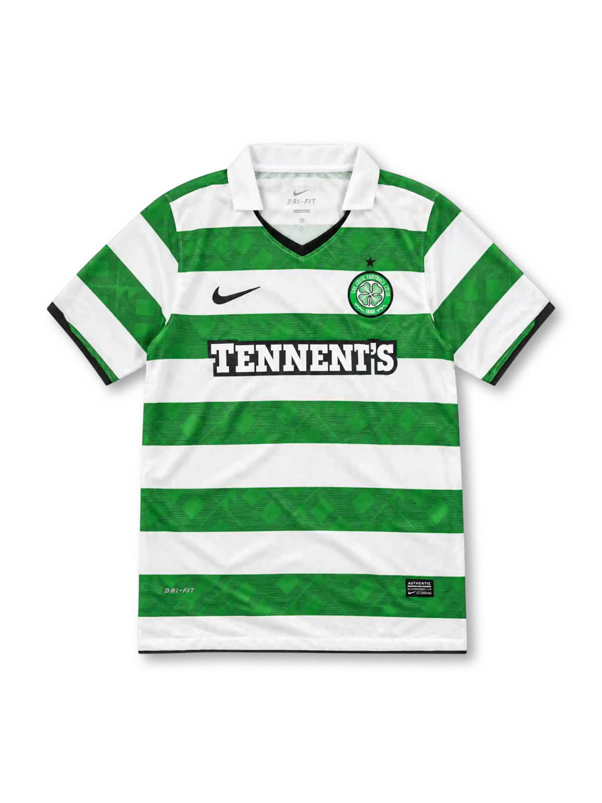 Celtic 2010/12 green and white Nike home jersey with horizontal hoops, tonal 1888 patterns, white polo collar, black V-neck trim, black Nike Swoosh, star-topped Celtic crest and Tennent's sponsor.