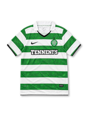 Celtic 2010/12 green and white Nike home jersey with horizontal hoops, tonal 1888 patterns, white polo collar, black V-neck trim, black Nike Swoosh, star-topped Celtic crest and Tennent's sponsor.