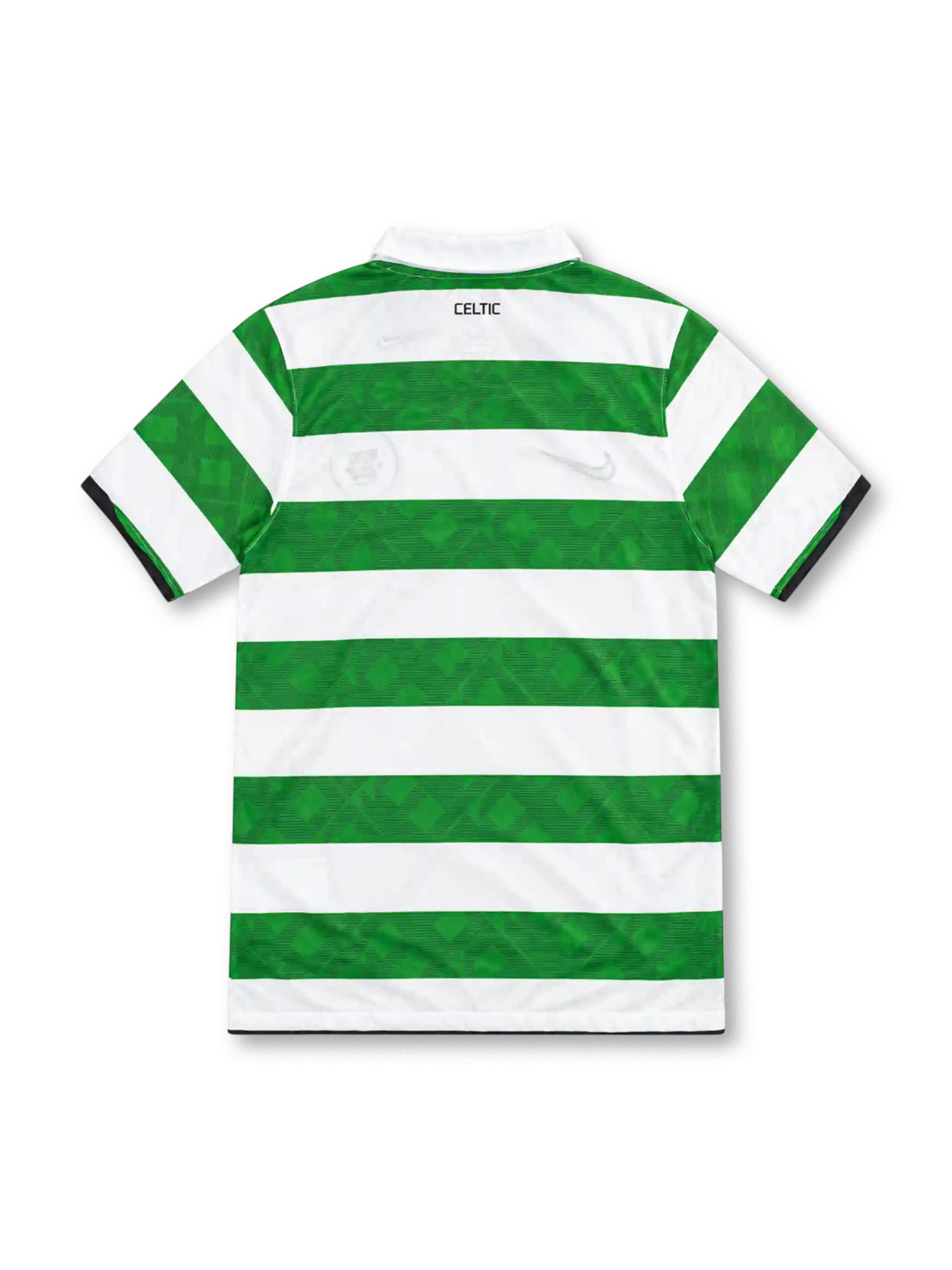 Celtic 2010/12 green and white Nike home jersey with horizontal hoops, tonal 1888 patterns, white polo collar, black V-neck trim, black Nike Swoosh, star-topped Celtic crest and Tennent's sponsor.