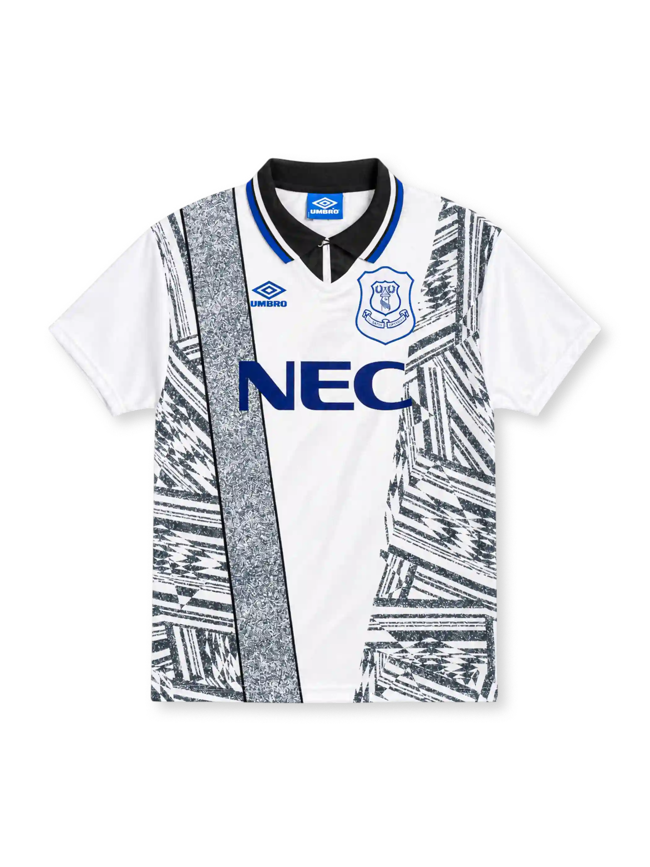 Everton 1994/95 white Umbro away jersey featuring black-and-grey abstract geometric graphics, textured vertical panel, black polo collar with blue trim, blue Umbro logo, outlined Everton crest and blue NEC sponsor.