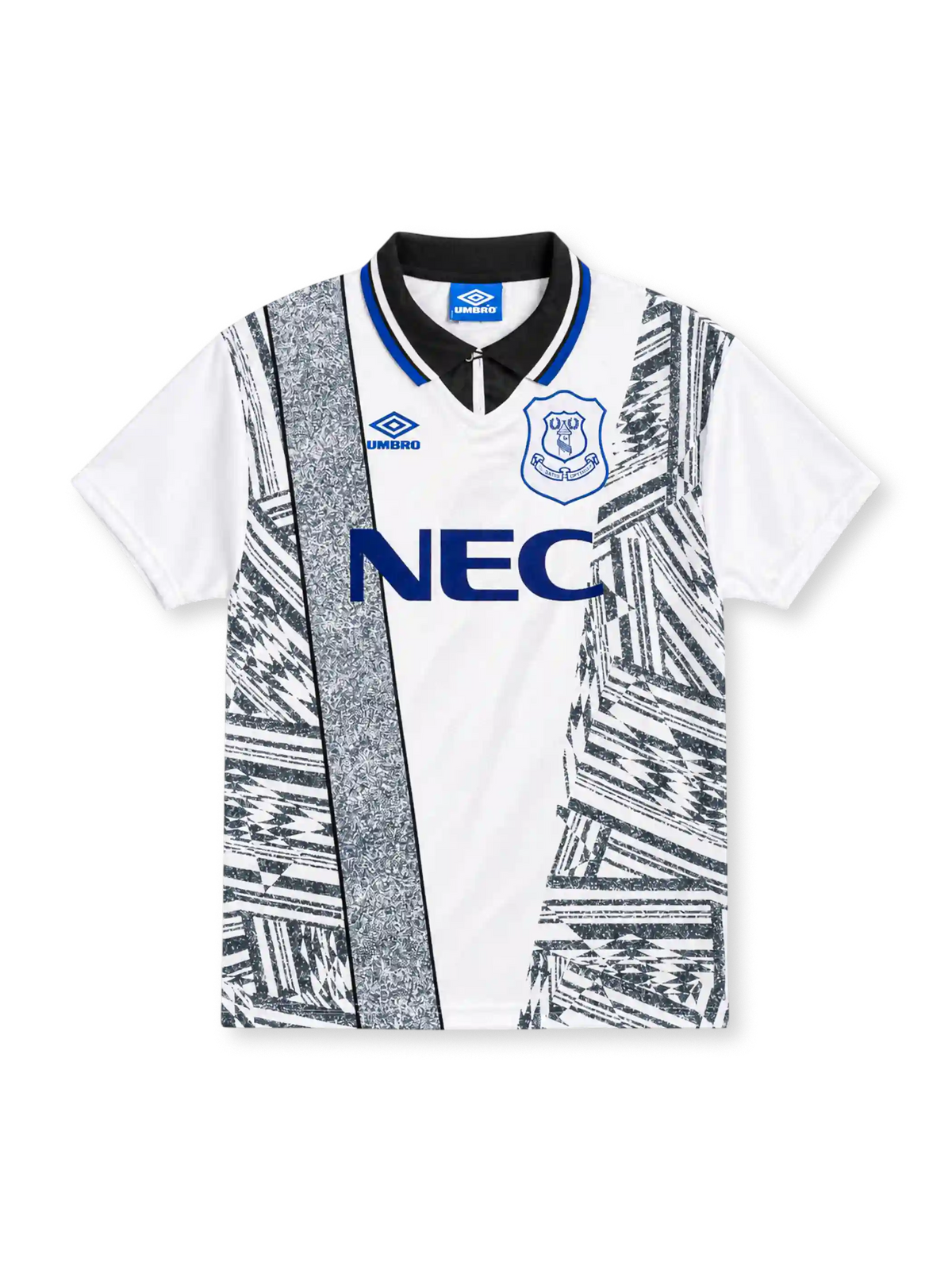 Everton 1994/95 white Umbro away jersey featuring black-and-grey abstract geometric graphics, textured vertical panel, black polo collar with blue trim, blue Umbro logo, outlined Everton crest and blue NEC sponsor.