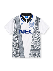Everton 1994/95 white Umbro away jersey featuring black-and-grey abstract geometric graphics, textured vertical panel, black polo collar with blue trim, blue Umbro logo, outlined Everton crest and blue NEC sponsor.