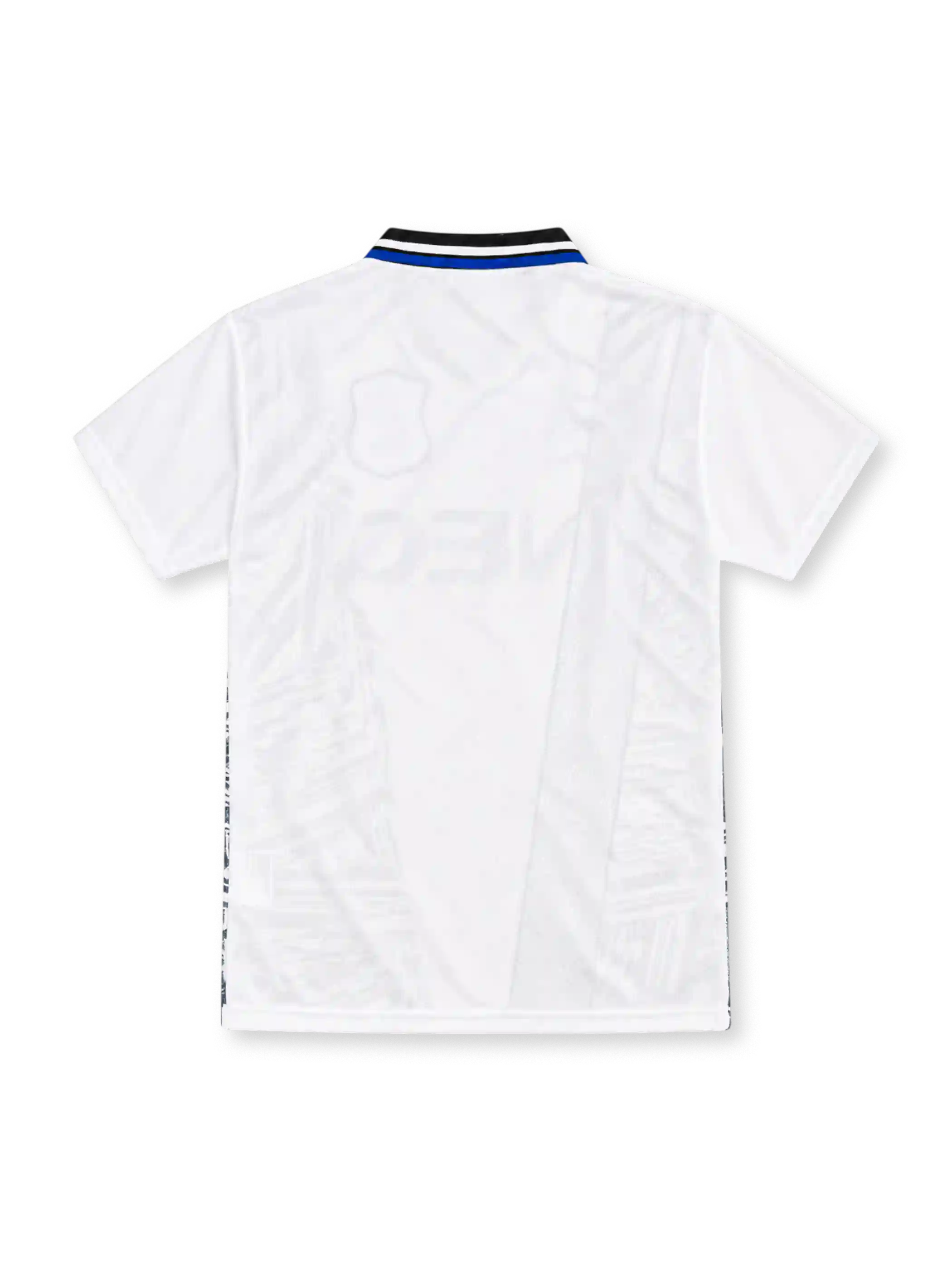 Everton 1994/95 white Umbro away jersey featuring black-and-grey abstract geometric graphics, textured vertical panel, black polo collar with blue trim, blue Umbro logo, outlined Everton crest and blue NEC sponsor.