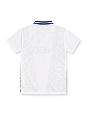 Everton 1994/95 white Umbro away jersey featuring black-and-grey abstract geometric graphics, textured vertical panel, black polo collar with blue trim, blue Umbro logo, outlined Everton crest and blue NEC sponsor.