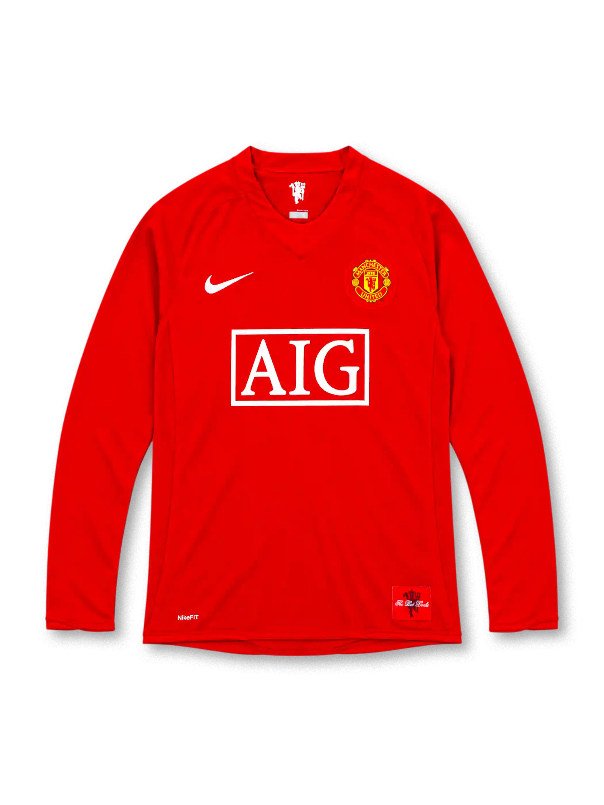 Manchester United 2007/08 red Nike home long sleeve jersey featuring a crew-neck collar, white Nike Swoosh, full-color Manchester United crest, white AIG sponsor, NikeFIT branding and Red Devils commemorative hem patch.