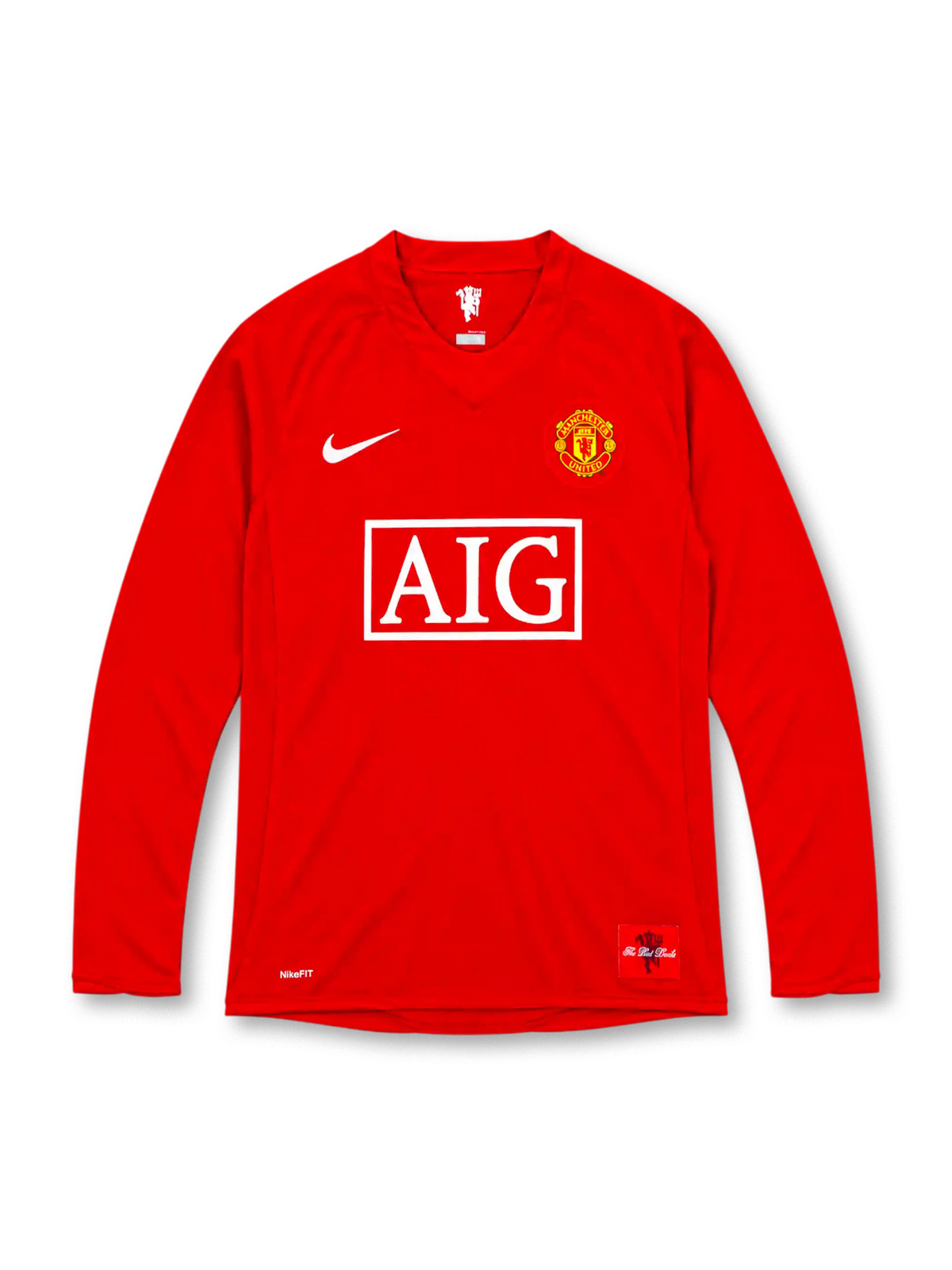 Manchester United 2007/08 red Nike home long sleeve jersey featuring a crew-neck collar, white Nike Swoosh, full-color Manchester United crest, white AIG sponsor, NikeFIT branding and Red Devils commemorative hem patch.