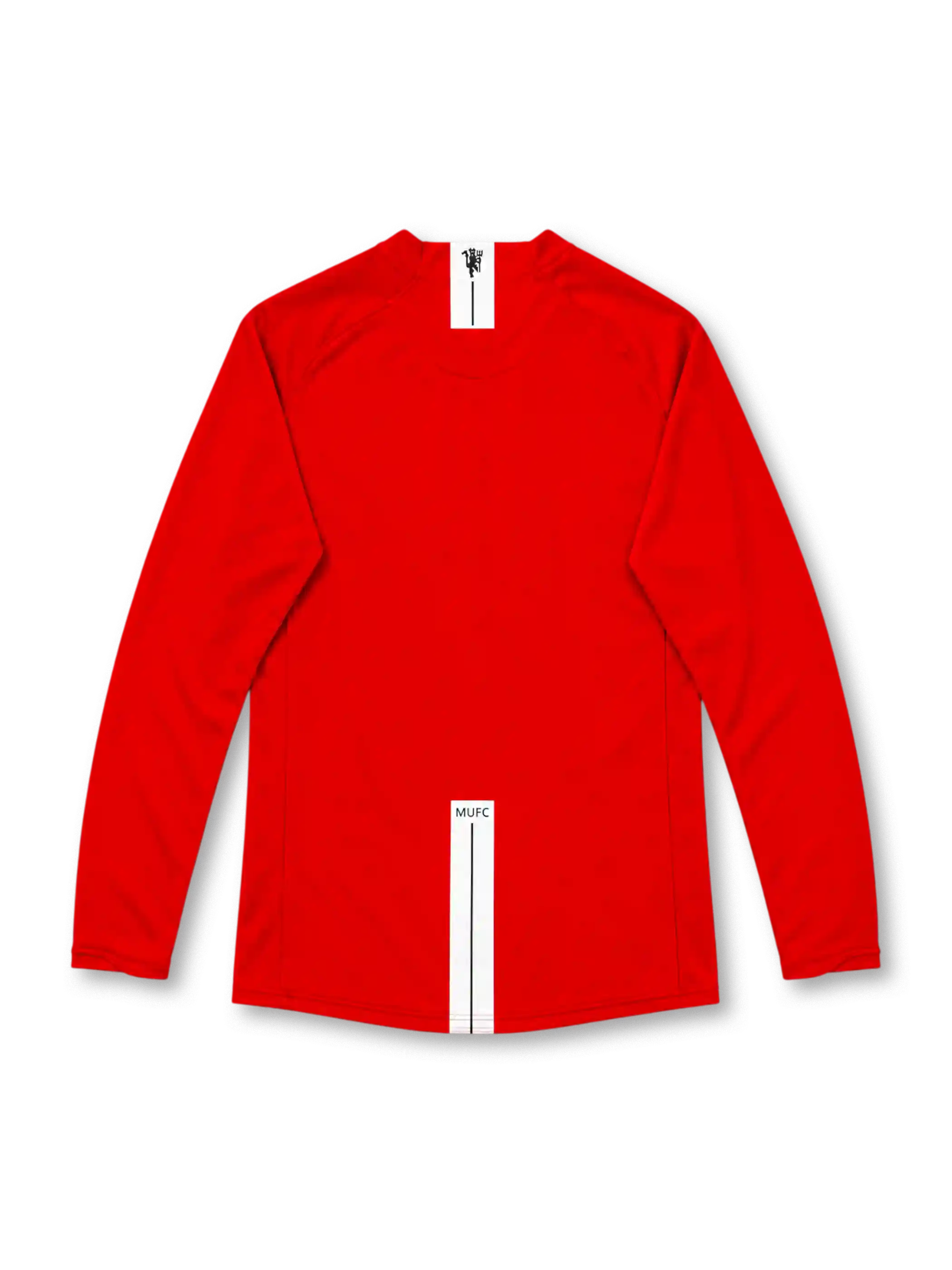 Manchester United 2007/08 red Nike home long sleeve jersey featuring a crew-neck collar, white Nike Swoosh, full-color Manchester United crest, white AIG sponsor, NikeFIT branding and Red Devils commemorative hem patch.