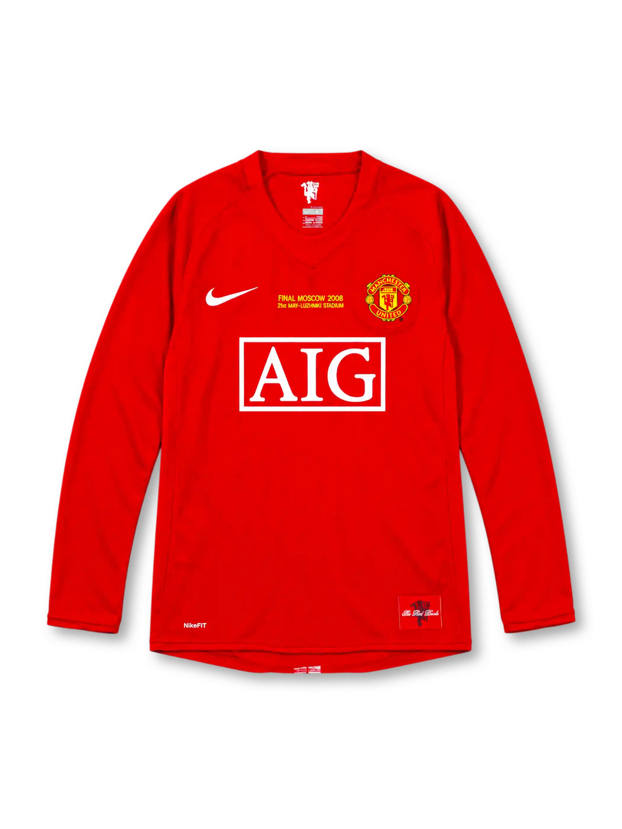 Manchester United 2007/08 Champions League Final red Nike home long sleeve jersey with white Swoosh, club crest, AIG sponsor, gold Final Moscow 2008 chest lettering, and Red Devils hem patch.