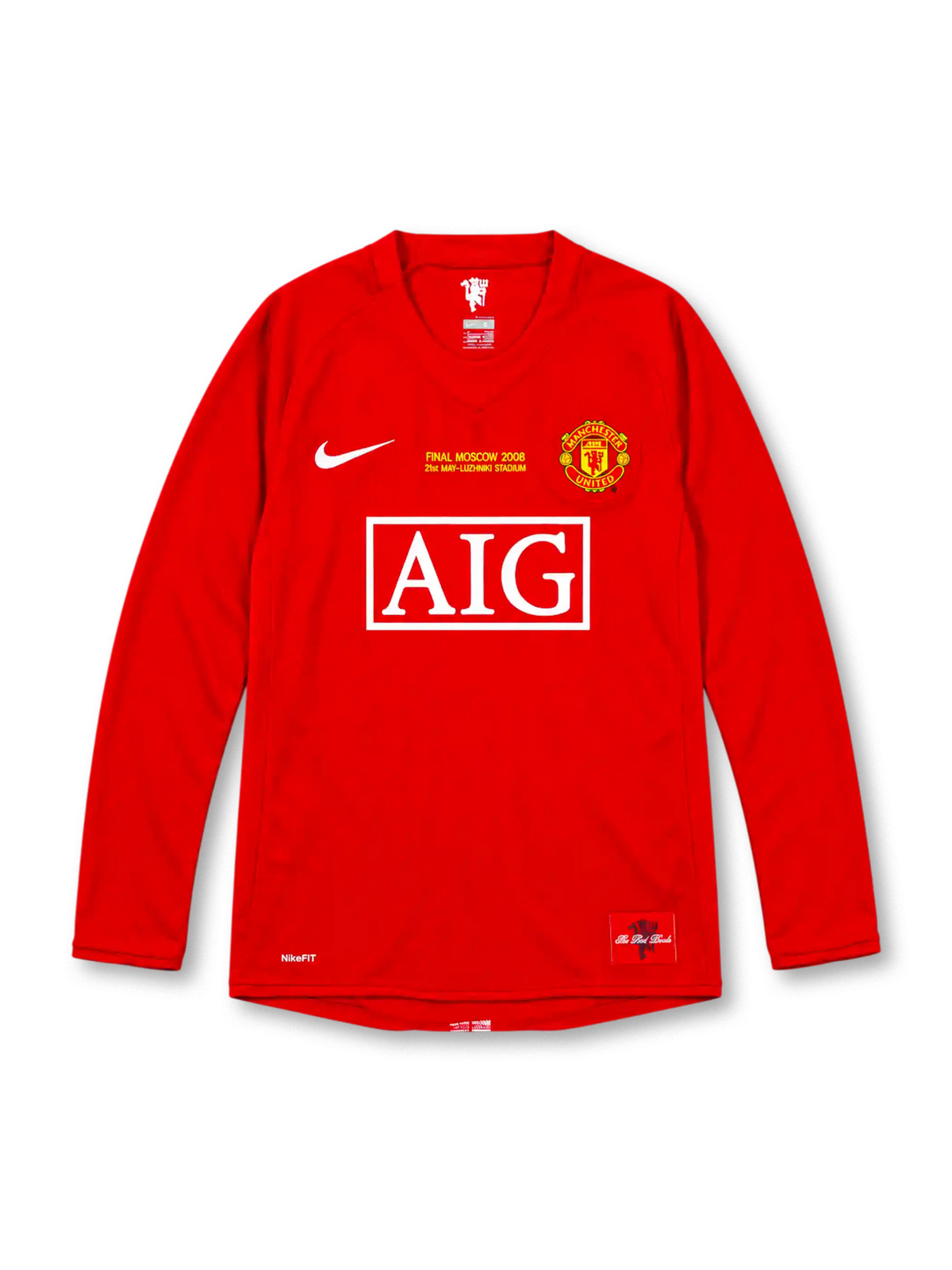 Manchester United 2007/08 Champions League Final red Nike home long sleeve jersey with white Swoosh, club crest, AIG sponsor, gold Final Moscow 2008 chest lettering, and Red Devils hem patch.