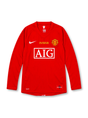 Manchester United 2007/08 Champions League Final red Nike home long sleeve jersey with white Swoosh, club crest, AIG sponsor, gold Final Moscow 2008 chest lettering, and Red Devils hem patch.