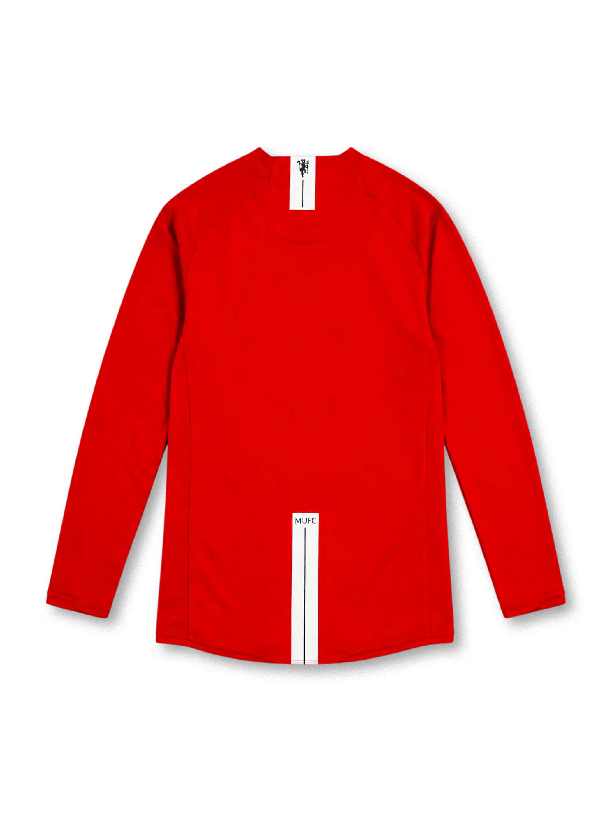 Manchester United 2007/08 Champions League Final red Nike home long sleeve jersey with white Swoosh, club crest, AIG sponsor, gold Final Moscow 2008 chest lettering, and Red Devils hem patch.