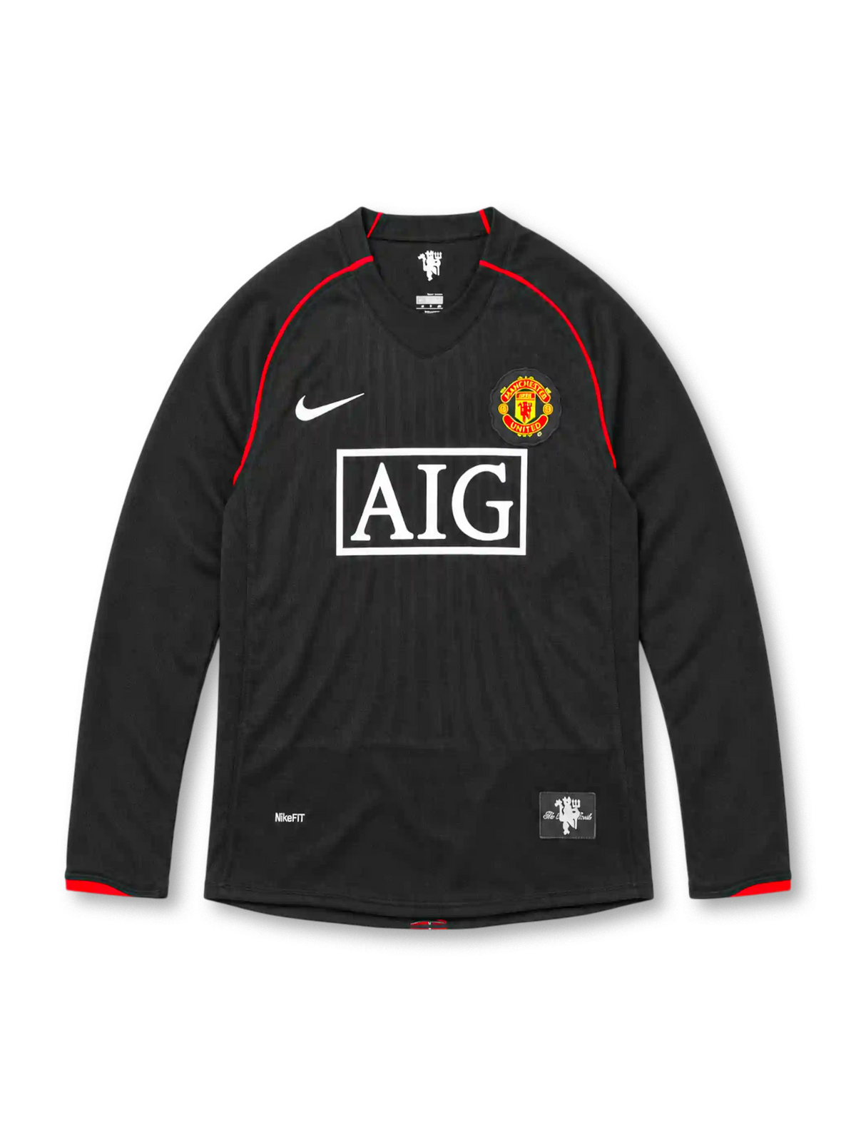 Manchester United 2007/08 black Nike away long sleeve jersey featuring subtle vertical pinstripes, red shoulder piping and sleeve cuff accents, white Nike Swoosh, full-color club crest, white AIG sponsor and Red Devils hem patch.