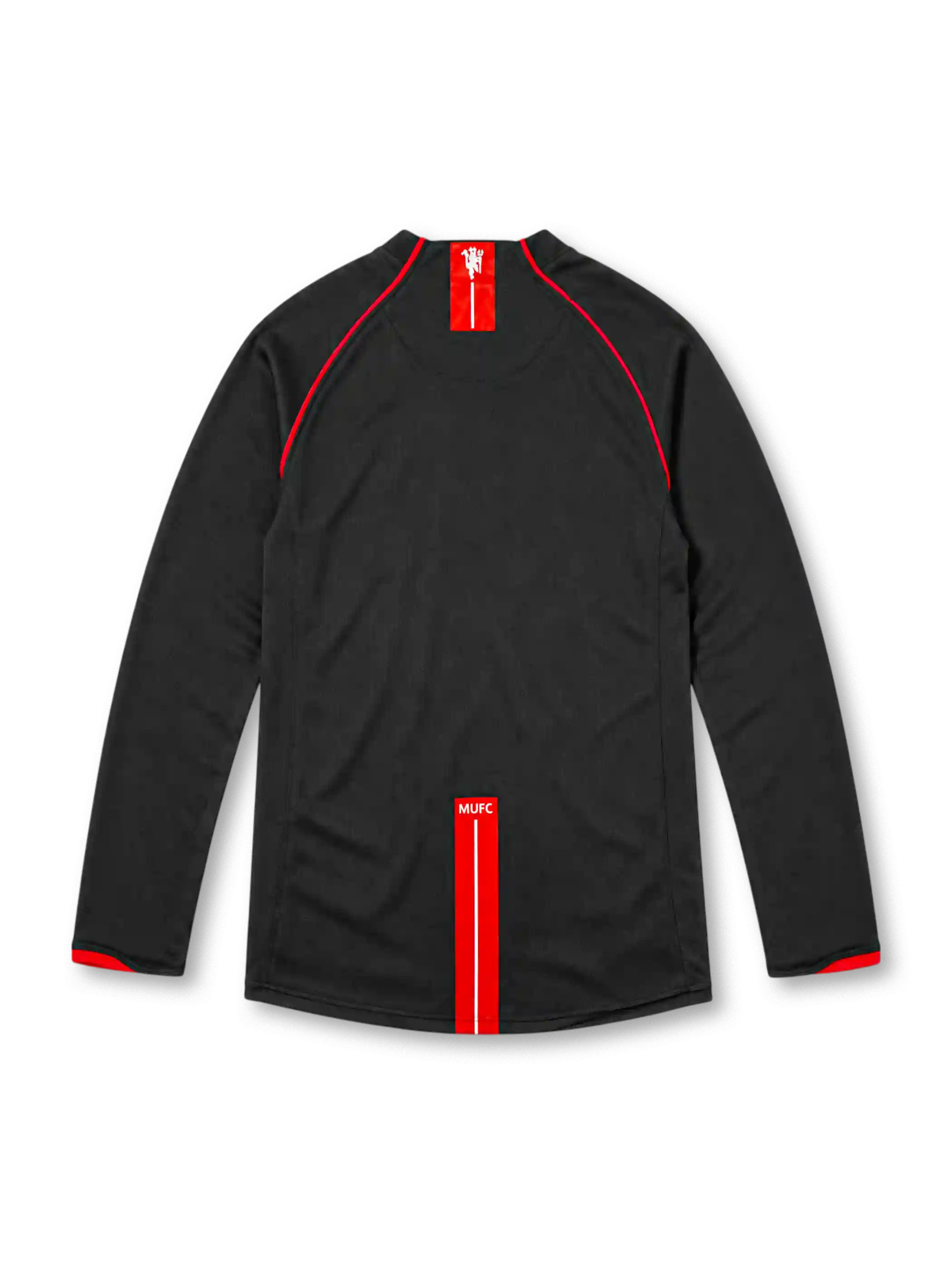 Manchester United 2007/08 black Nike away long sleeve jersey featuring subtle vertical pinstripes, red shoulder piping and sleeve cuff accents, white Nike Swoosh, full-color club crest, white AIG sponsor and Red Devils hem patch.