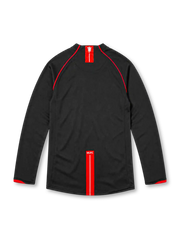 Manchester United 2007/08 black Nike away long sleeve jersey featuring subtle vertical pinstripes, red shoulder piping and sleeve cuff accents, white Nike Swoosh, full-color club crest, white AIG sponsor and Red Devils hem patch.