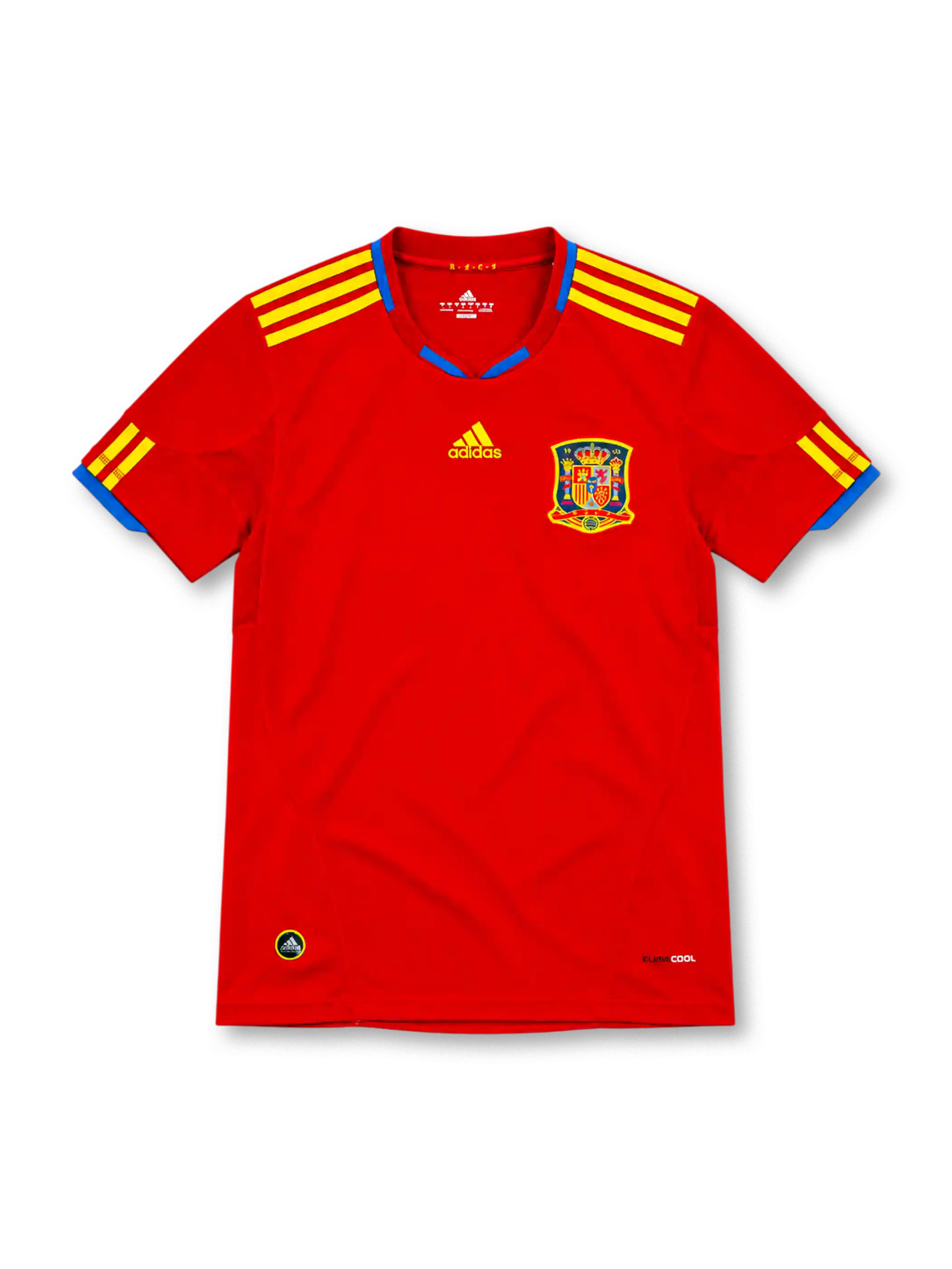 Spain 2010 red adidas home jersey featuring yellow three-stripe shoulder details, blue collar accents and sleeve cuffs, yellow adidas logo, Spanish national team crest, and ClimaCool branding.