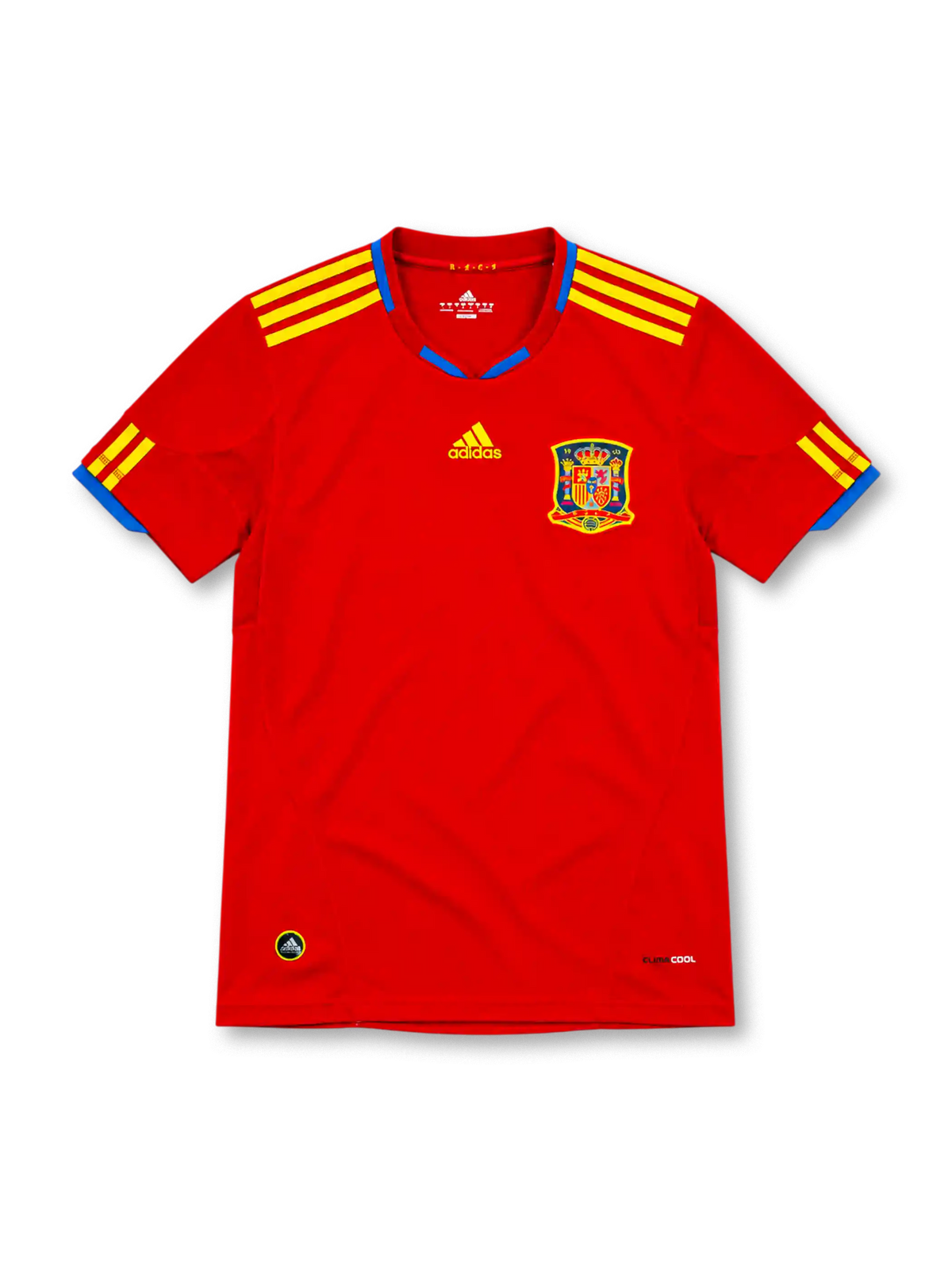Spain 2010 red adidas home jersey featuring yellow three-stripe shoulder details, blue collar accents and sleeve cuffs, yellow adidas logo, Spanish national team crest, and ClimaCool branding.