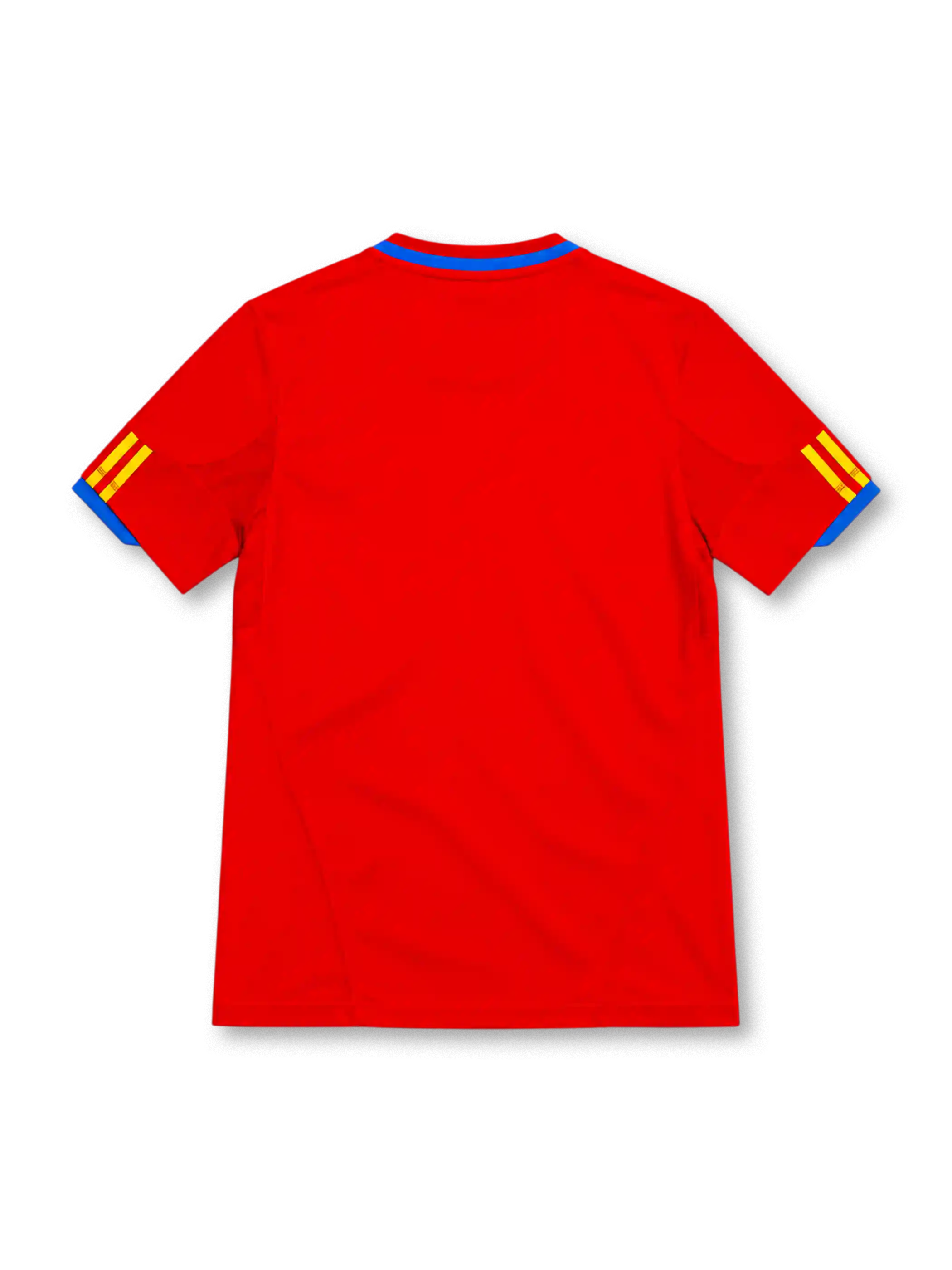 Spain 2010 red adidas home jersey featuring yellow three-stripe shoulder details, blue collar accents and sleeve cuffs, yellow adidas logo, Spanish national team crest, and ClimaCool branding.