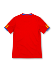 Spain 2010 red adidas home jersey featuring yellow three-stripe shoulder details, blue collar accents and sleeve cuffs, yellow adidas logo, Spanish national team crest, and ClimaCool branding.