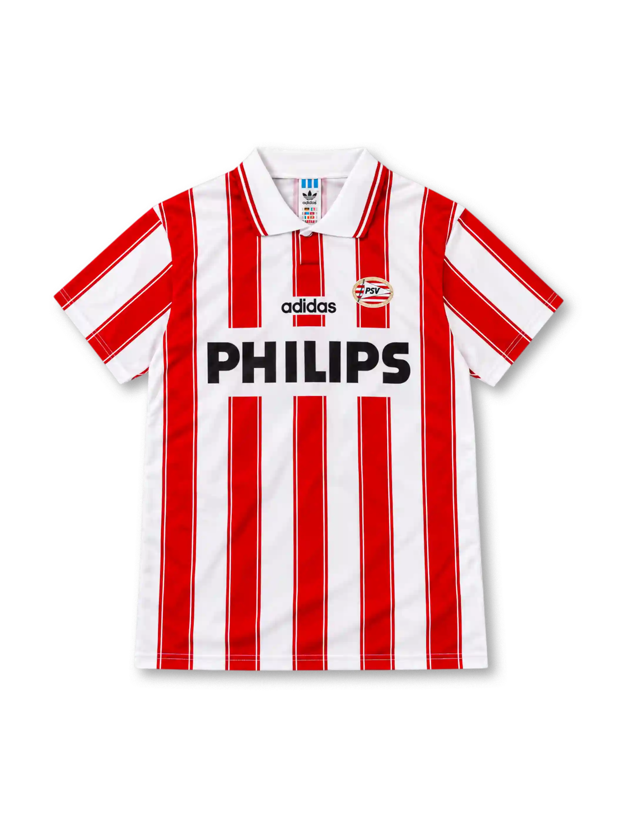PSV Eindhoven 1994/95 adidas home jersey with red and white vertical stripes, white polo collar with red trim, black adidas wordmark, oval PSV club crest, and black Philips sponsor lettering.