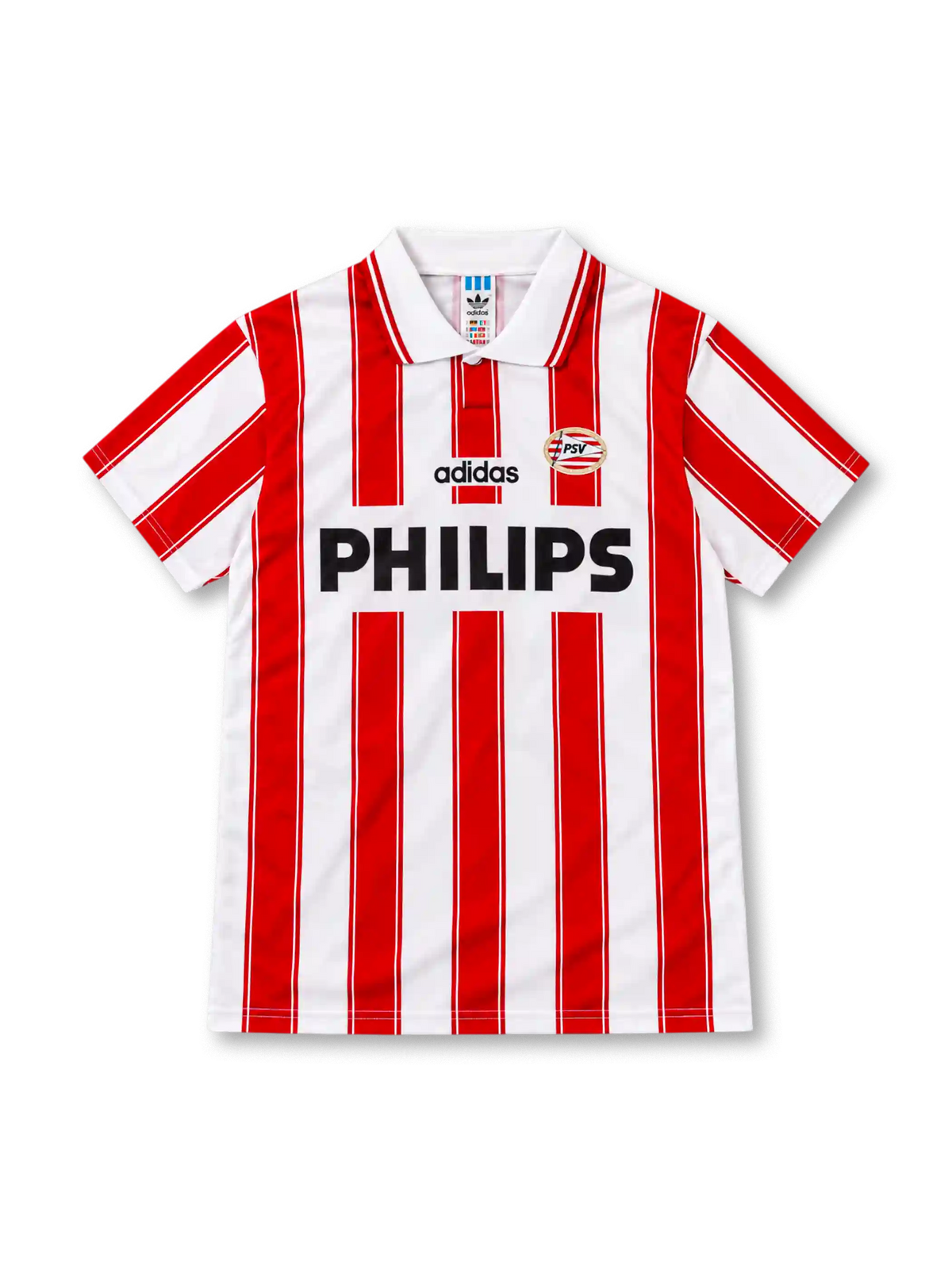PSV Eindhoven 1994/95 adidas home jersey with red and white vertical stripes, white polo collar with red trim, black adidas wordmark, oval PSV club crest, and black Philips sponsor lettering.