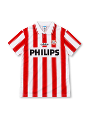 PSV Eindhoven 1994/95 adidas home jersey with red and white vertical stripes, white polo collar with red trim, black adidas wordmark, oval PSV club crest, and black Philips sponsor lettering.