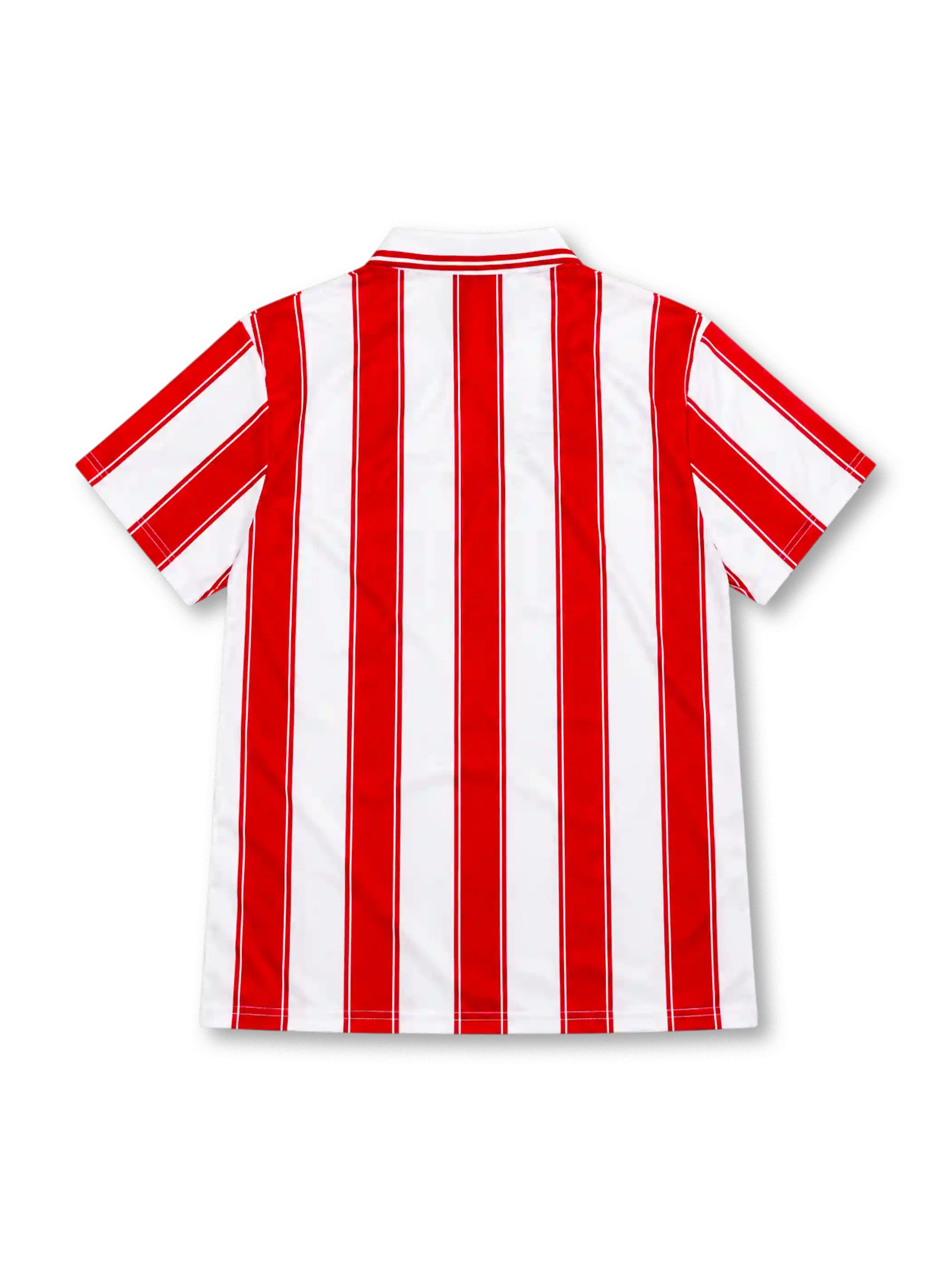 PSV Eindhoven 1994/95 adidas home jersey with red and white vertical stripes, white polo collar with red trim, black adidas wordmark, oval PSV club crest, and black Philips sponsor lettering.