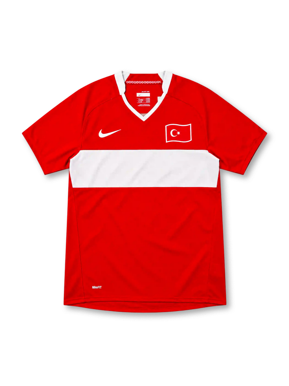 Türkiye 2008 red Nike home jersey featuring a wide white horizontal chest stripe, white-trimmed V-neck collar, white Nike Swoosh, Turkish crescent-and-star flag emblem, and NikeFIT branding.