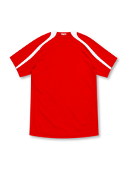 Türkiye 2008 red Nike home jersey featuring a wide white horizontal chest stripe, white-trimmed V-neck collar, white Nike Swoosh, Turkish crescent-and-star flag emblem, and NikeFIT branding.