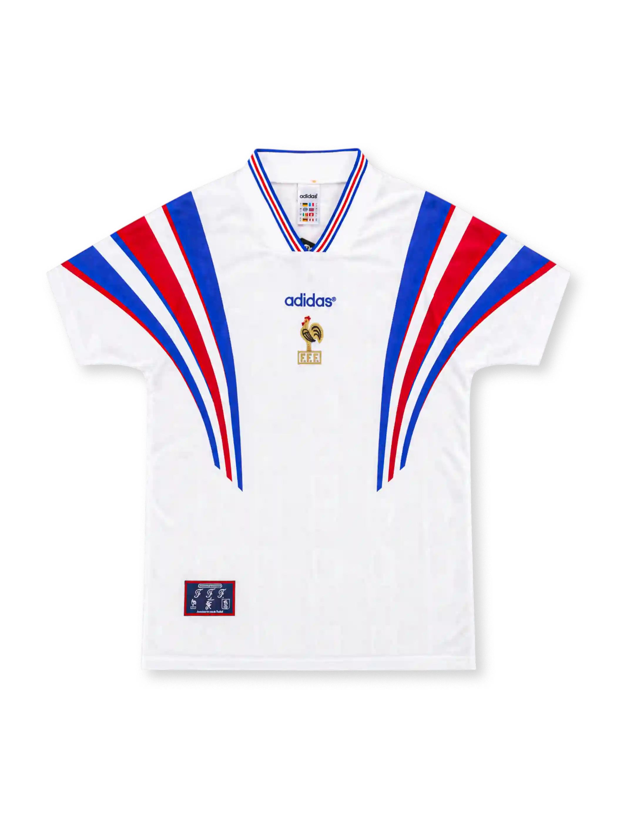 France 1996 white adidas away jersey featuring sweeping blue and red shoulder stripes, tricolor-trimmed V-neck collar, central blue adidas wordmark, gold French Football Federation rooster emblem, and heritage hem patch.