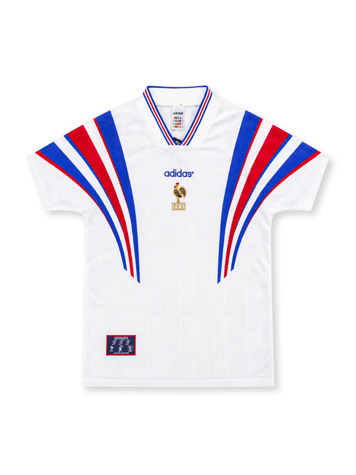 France 1996 white adidas away jersey featuring sweeping blue and red shoulder stripes, tricolor-trimmed V-neck collar, central blue adidas wordmark, gold French Football Federation rooster emblem, and heritage hem patch.