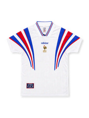 France 1996 white adidas away jersey featuring sweeping blue and red shoulder stripes, tricolor-trimmed V-neck collar, central blue adidas wordmark, gold French Football Federation rooster emblem, and heritage hem patch.
