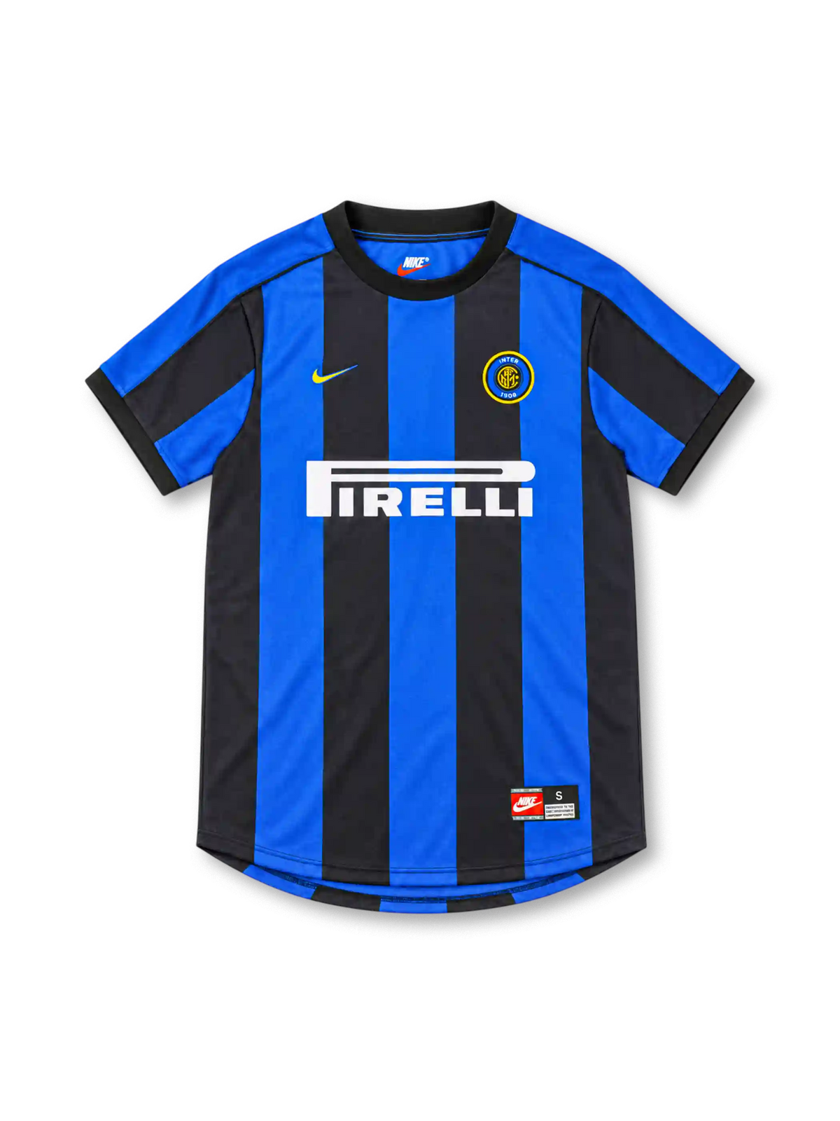 Inter Milan 1999/00 Nike home jersey with royal-blue and black vertical stripes, blue shoulder and sleeve panels, black crew-neck collar, yellow Nike Swoosh, circular Inter crest and white Pirelli sponsor.
