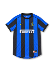 Inter Milan 1999/00 Nike home jersey with royal-blue and black vertical stripes, blue shoulder and sleeve panels, black crew-neck collar, yellow Nike Swoosh, circular Inter crest and white Pirelli sponsor.