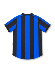 Inter Milan 1999/00 Nike home jersey with royal-blue and black vertical stripes, blue shoulder and sleeve panels, black crew-neck collar, yellow Nike Swoosh, circular Inter crest and white Pirelli sponsor.