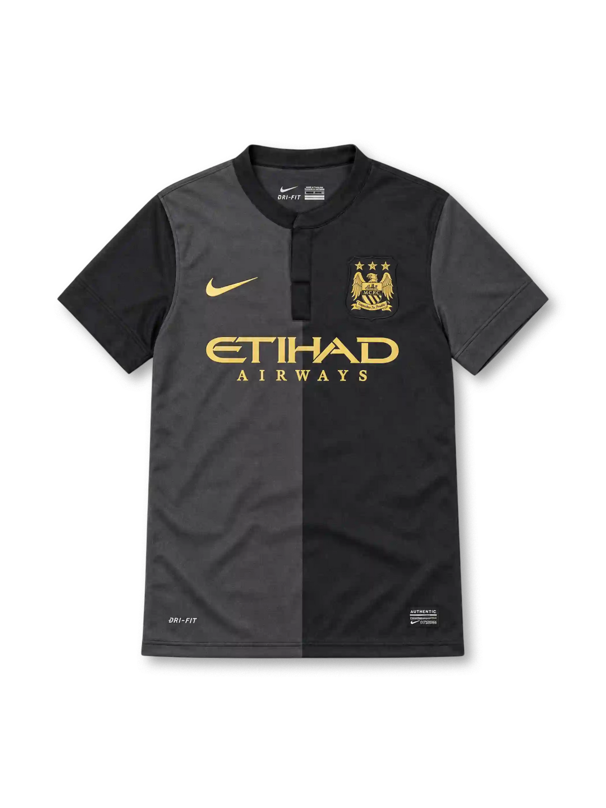 Manchester City 2013/14 Nike away jersey featuring a charcoal grey and black half-and-half design, black band collar, gold Nike Swoosh, gold Manchester City crest, Etihad Airways sponsor, and Dri-FIT branding.