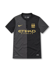 Manchester City 2013/14 Nike away jersey featuring a charcoal grey and black half-and-half design, black band collar, gold Nike Swoosh, gold Manchester City crest, Etihad Airways sponsor, and Dri-FIT branding.