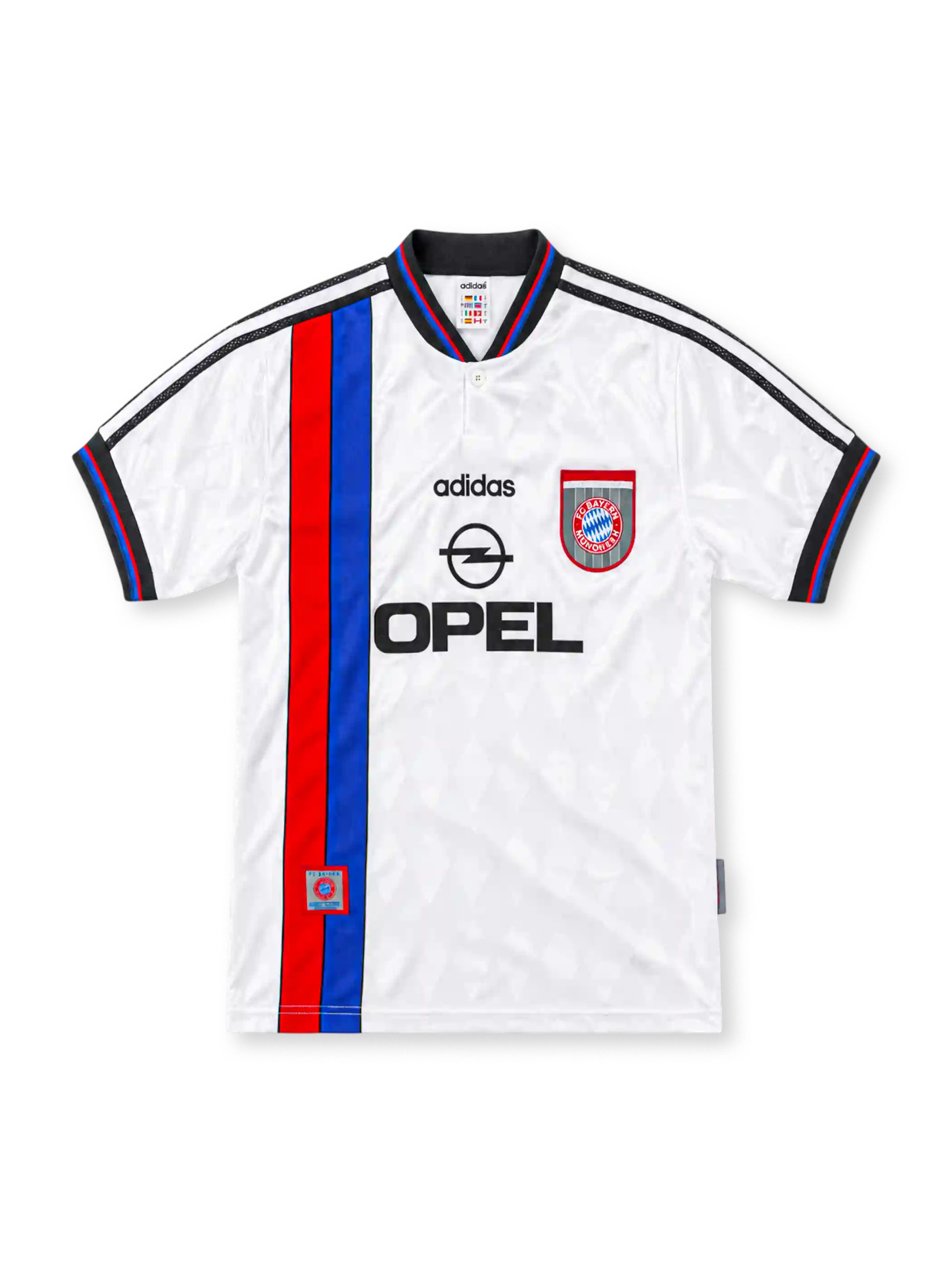 Bayern Munich 1996/97 white adidas away jersey with a vertical red-and-blue stripe, black polo collar with tricolor trim, black adidas wordmark, Bayern Munich shield crest and black Opel sponsor.