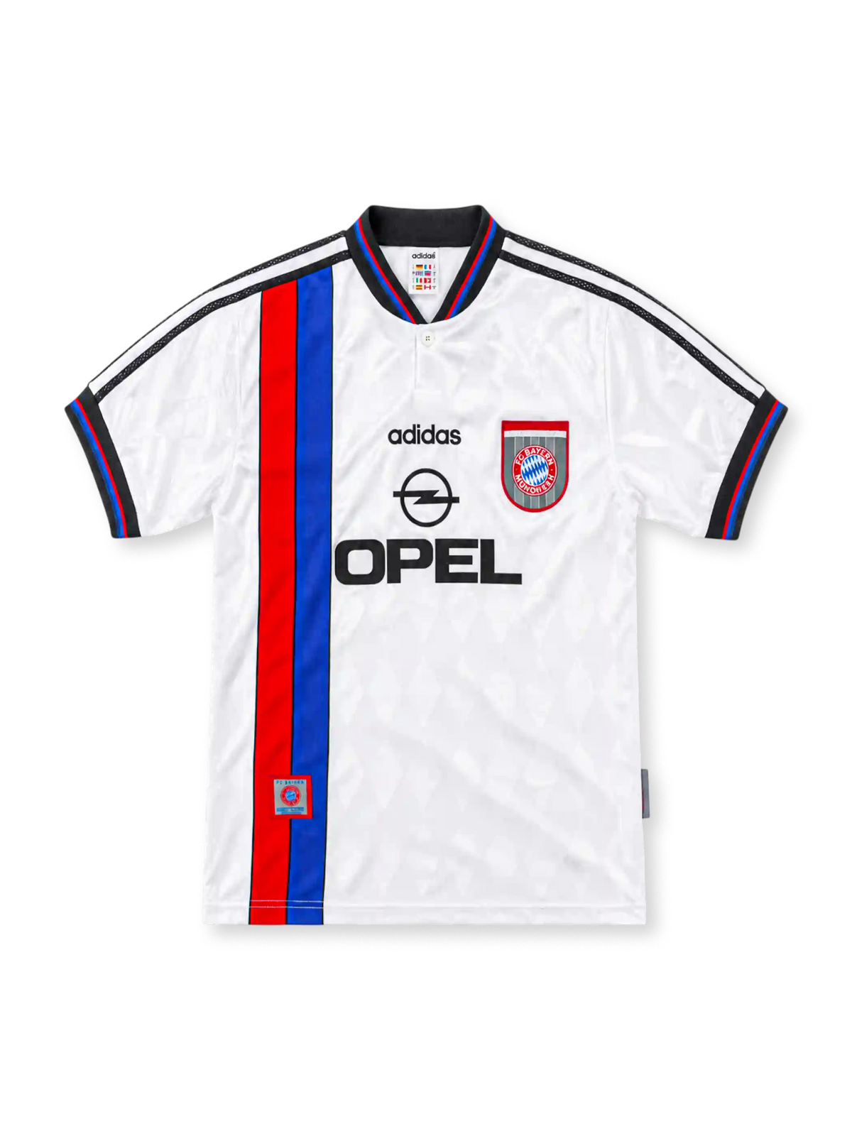 Bayern Munich 1996/97 white adidas away jersey with a vertical red-and-blue stripe, black polo collar with tricolor trim, black adidas wordmark, Bayern Munich shield crest and black Opel sponsor.