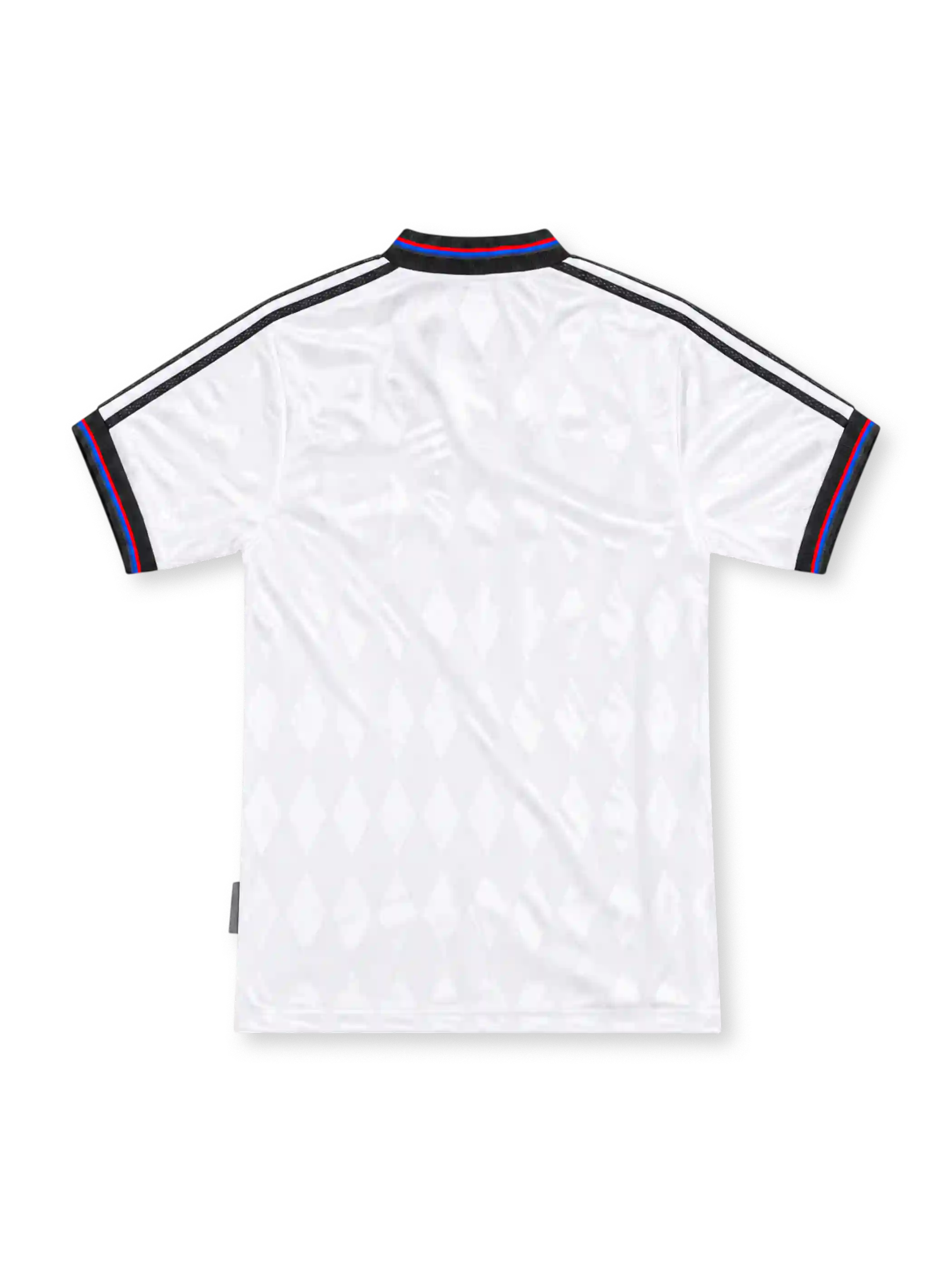 Bayern Munich 1996/97 white adidas away jersey with a vertical red-and-blue stripe, black polo collar with tricolor trim, black adidas wordmark, Bayern Munich shield crest and black Opel sponsor.