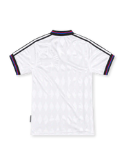 Bayern Munich 1996/97 white adidas away jersey with a vertical red-and-blue stripe, black polo collar with tricolor trim, black adidas wordmark, Bayern Munich shield crest and black Opel sponsor.