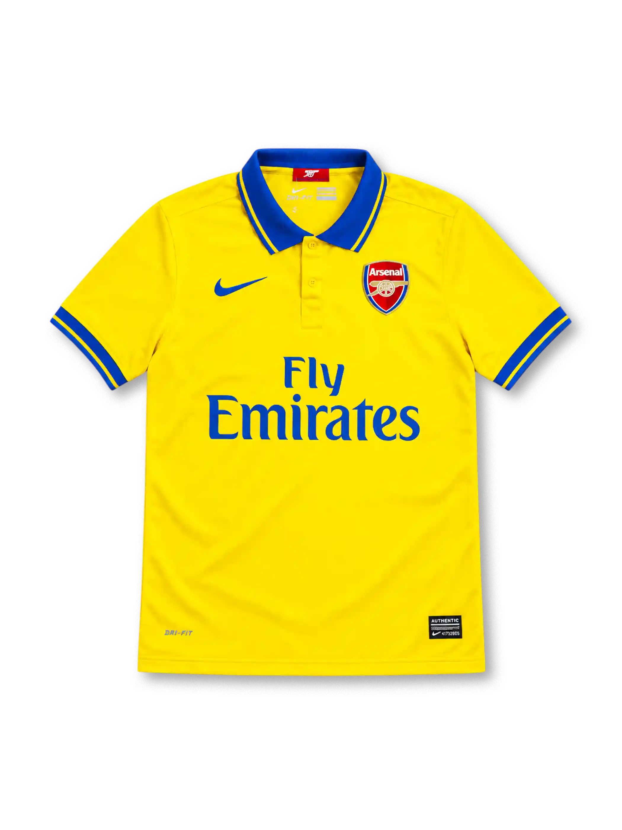 Arsenal 2013/14 yellow Nike away jersey featuring a blue polo collar with yellow trim, blue sleeve cuffs, blue Nike Swoosh, Arsenal club crest, blue Fly Emirates sponsor, Dri-FIT branding and Authentic hem label.