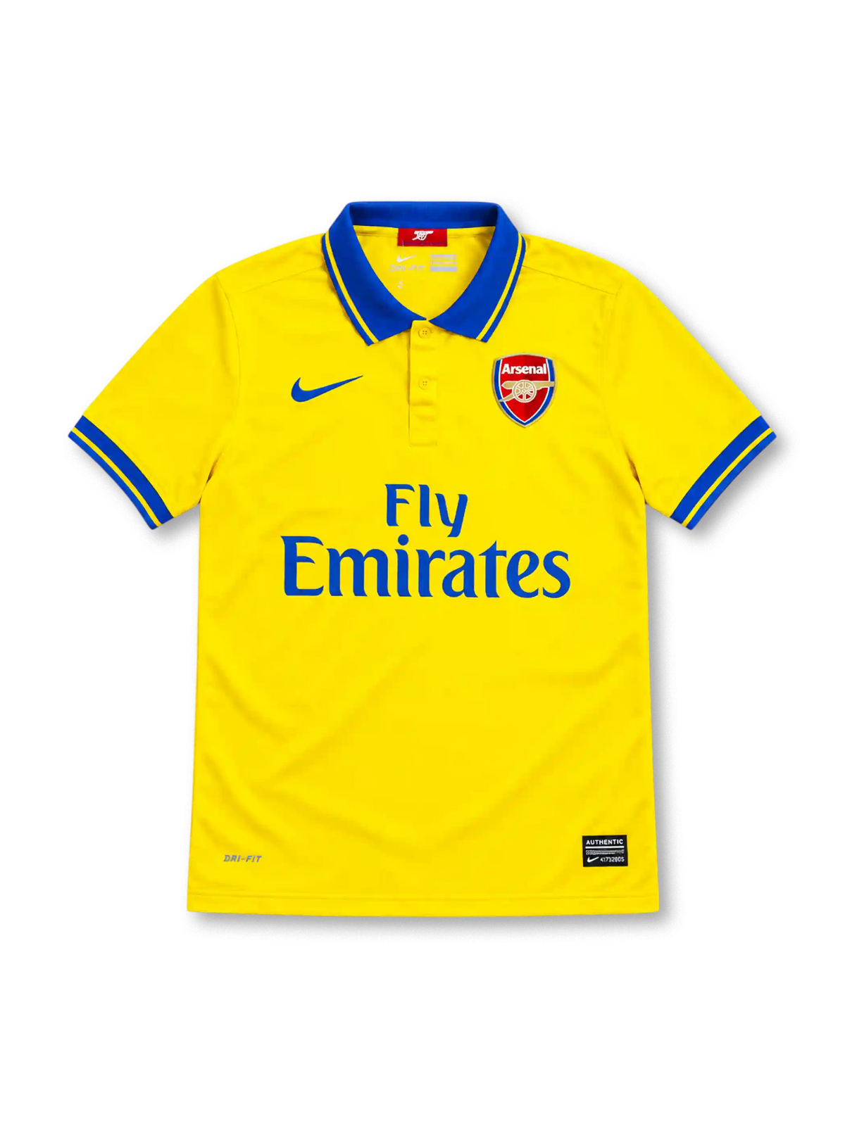 Arsenal 2013/14 yellow Nike away jersey featuring a blue polo collar with yellow trim, blue sleeve cuffs, blue Nike Swoosh, Arsenal club crest, blue Fly Emirates sponsor, Dri-FIT branding and Authentic hem label.