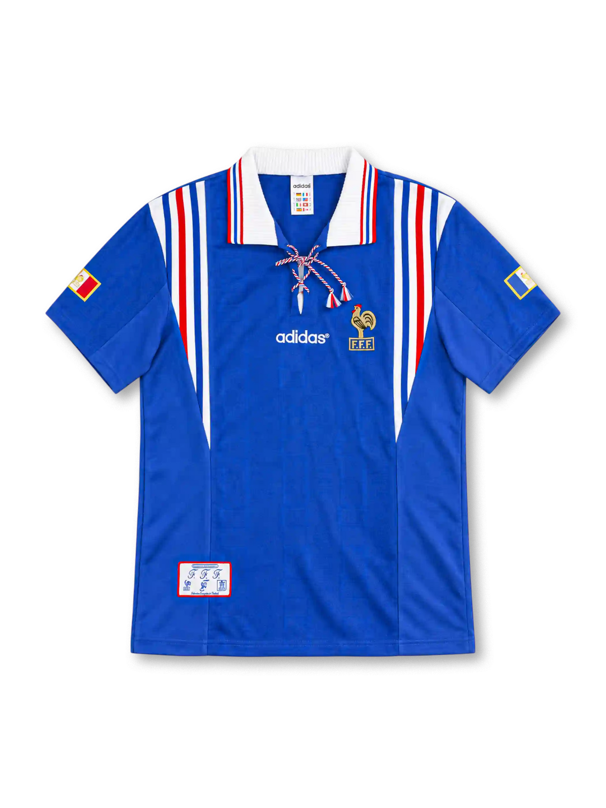 France 1996 royal-blue adidas home jersey with red-and-white shoulder stripes, white fold-down collar, braided tricolor lace-up neckline, white adidas wordmark, gold FFF rooster emblem, and heritage hem patch.
