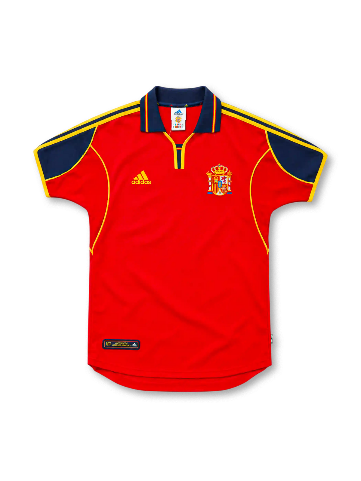 Spain 2000 red adidas home jersey featuring a navy-blue polo collar and shoulder panels, yellow three-stripe details, yellow piping, adidas logo, Spanish national crest, and Authentic Licensed Product hem label.