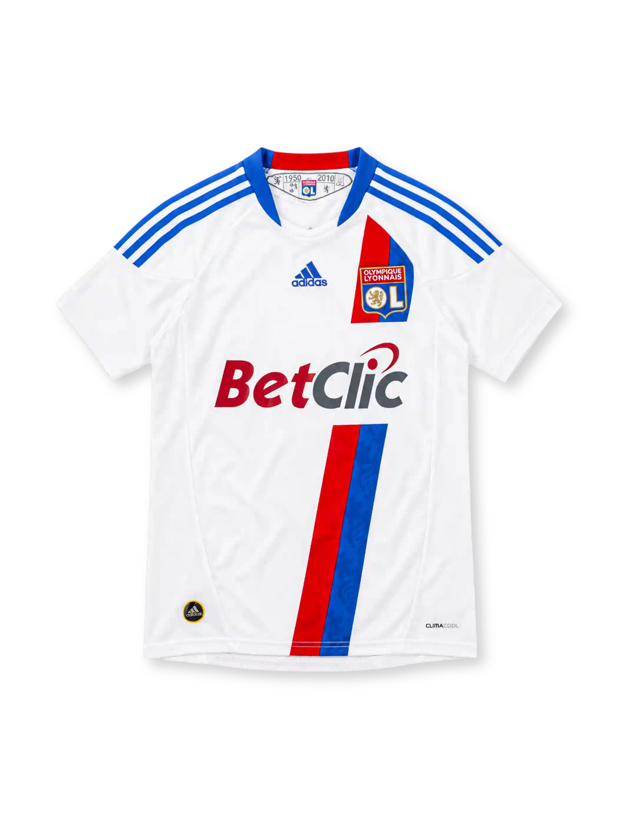 Olympique Lyonnais 2010/11 white adidas home jersey with blue shoulder stripes, red and blue diagonal accents, OL crest, Betclic sponsor, commemorative 1950–2010 neckline detail, and ClimaCool branding.